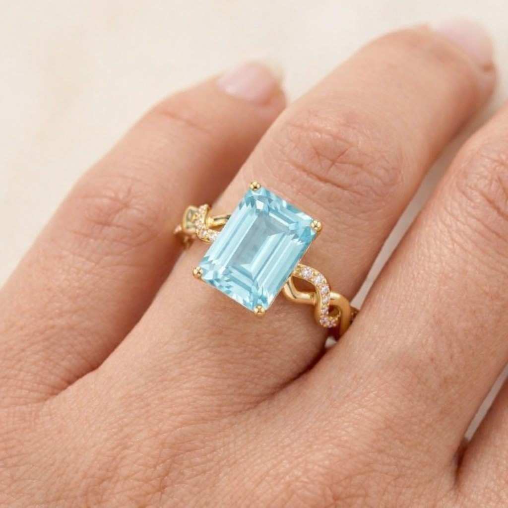 Platinum engagement ring emerald cut, Natural Aquamarine ring handmade nature inspired twist band promise leaf ring elegant gifts for her
