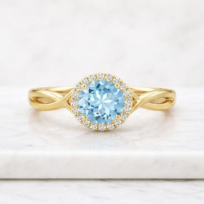 aquamarine ring blue gemstone ring halo ring gold ring twisted band ring infinity ring round stone ring solitaire ring promise ring women ring fine jewelry ring dainty ring elegant ring