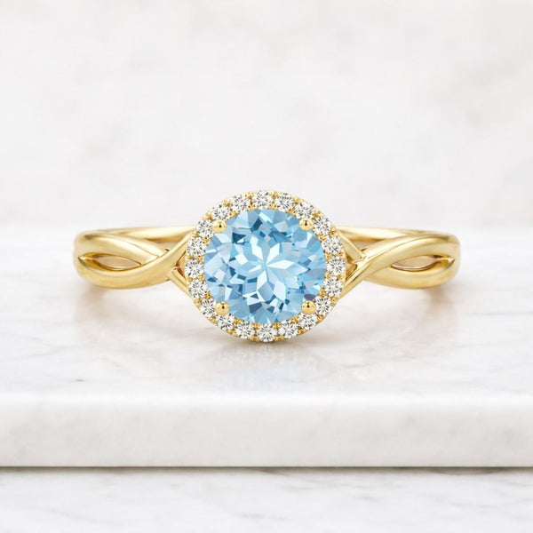 aquamarine ring blue gemstone ring halo ring gold ring twisted band ring infinity ring round stone ring solitaire ring promise ring women ring fine jewelry ring dainty ring elegant ring