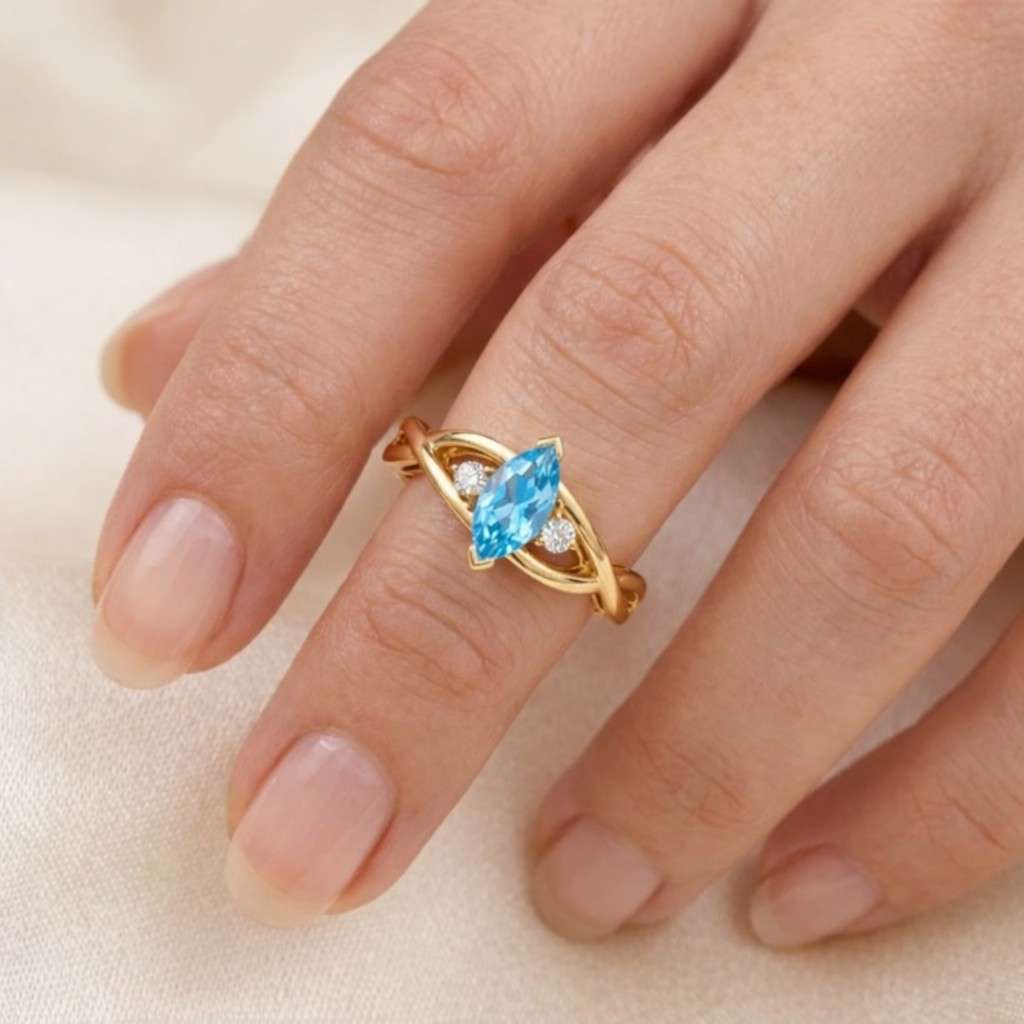Marquise Aquamarine Ring, 10K Gold Platinum Over Silver, Dainty Engagement Promise Ring
