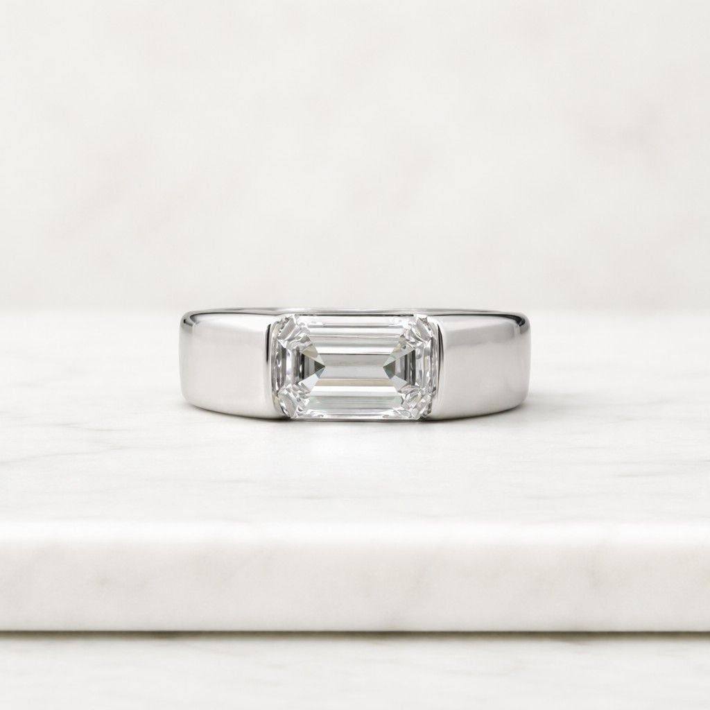 1 ct emerald cut moissanite engagement ring with wide band, east to west moissanite ring for women, gifts for her, solid gold wedding ring
