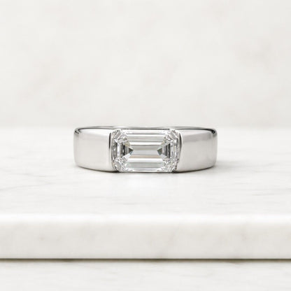 1 Ct Emerald Cut Moissanite Engagement Ring with Wide Band, East to West Moissanite Ring for Women, Gifts for Her, Solid Gold Wedding Ring
