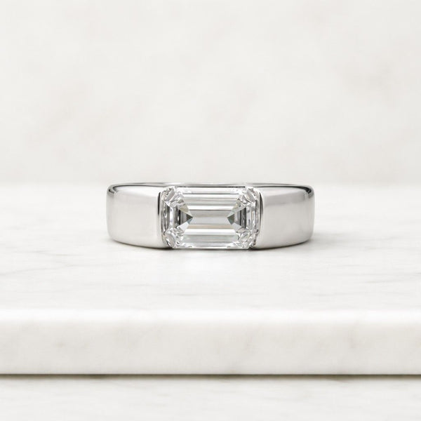 1 Ct Emerald Cut Moissanite Engagement Ring with Wide Band, East to West Moissanite Ring for Women, Gifts for Her, Solid Gold Wedding Ring
