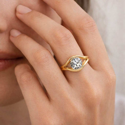 Round Cut Moissanite Bypass Shank Ring in Solid Gold & 925 Silver, Modern Tension Setting Solitaire Engagement Ring for Women
