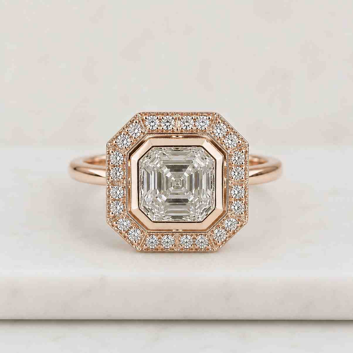 Asscher Cut Lab Grown Diamond Ring Vintage Halo Engagement Ring Milgrain Pave Wedding Gold Rings or Women Handmade Cathedral Promise Ring

