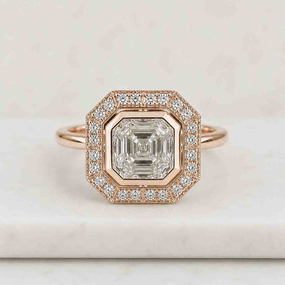 Asscher Cut Lab Grown Diamond Ring Vintage Halo Engagement Ring Milgrain Pave Wedding Gold Rings or Women Handmade Cathedral Promise Ring
