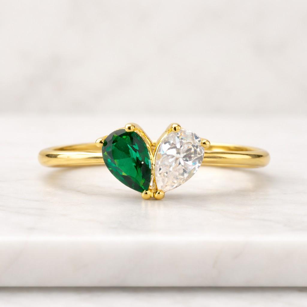 Solid Gold Toi et Moi Ring, Emerald Cut & Pear Cut Green Moissanite Engagement Ring