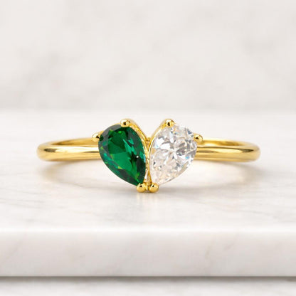 Solid Gold Toi et Moi Ring, Emerald Cut & Pear Cut Green Moissanite Engagement Ring