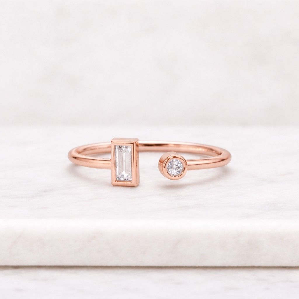 open ring, dainty baguette & bezel accent ring, adjustable 925 sterling silver, 18k gold plated, minimalist thin stacking ring
