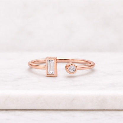 Open Ring, Dainty Baguette & Bezel Accent Ring, Adjustable 925 Sterling Silver, 18K Gold Plated, Minimalist Thin Stacking Ring
