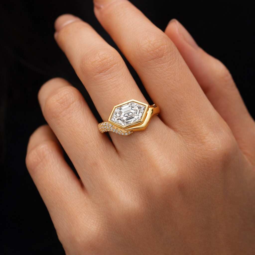 Vintage Long Hexagon Cut Moissanite Engagement Ring Unique Yellow Gold Wedding Ring East West Half Bezel Setting Hexagon Cut Ring For Her
