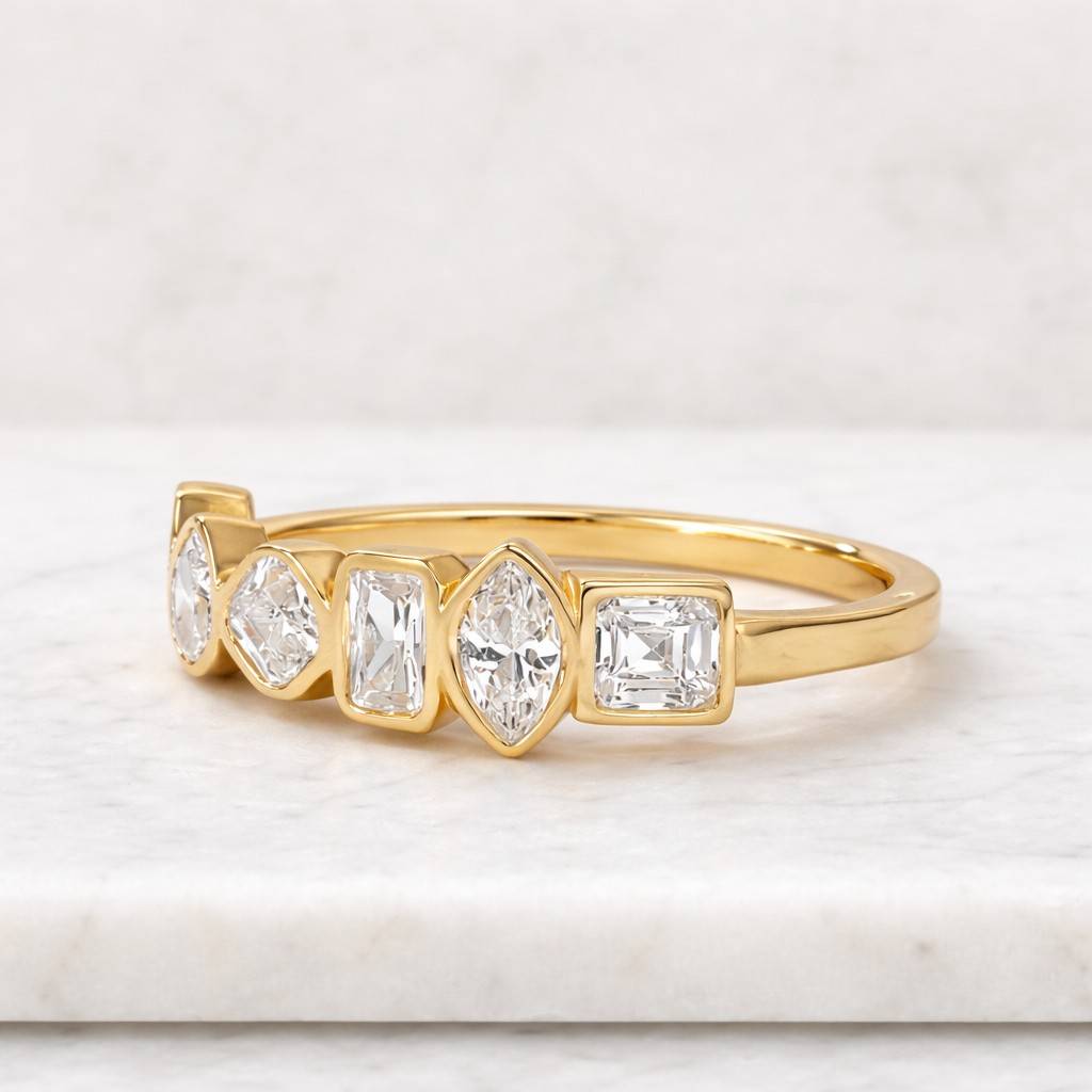 Lab Grown Diamond half Eternity Band, Marquise & Baguette Cut Diamond Ring, 14K Solid Gold Dainty Stackable Wedding Band, Ring for Women