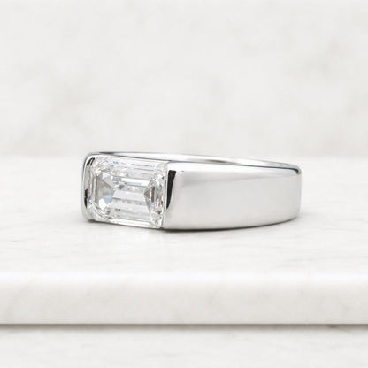 3Ct Horizontal Emerald Cut Moissanite Stone Engagement Ring, East To West Set Emerald Moissanite Half Bezel Thick Band Wedding Bridal Ring.
