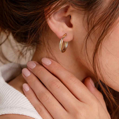 Solid Gold Two-Tone Interwoven Mini Hoop Earrings for Women - Real 14K, Yellow/ White Gold, Hinged Clasp, Gift, Birthday, Anniversary
