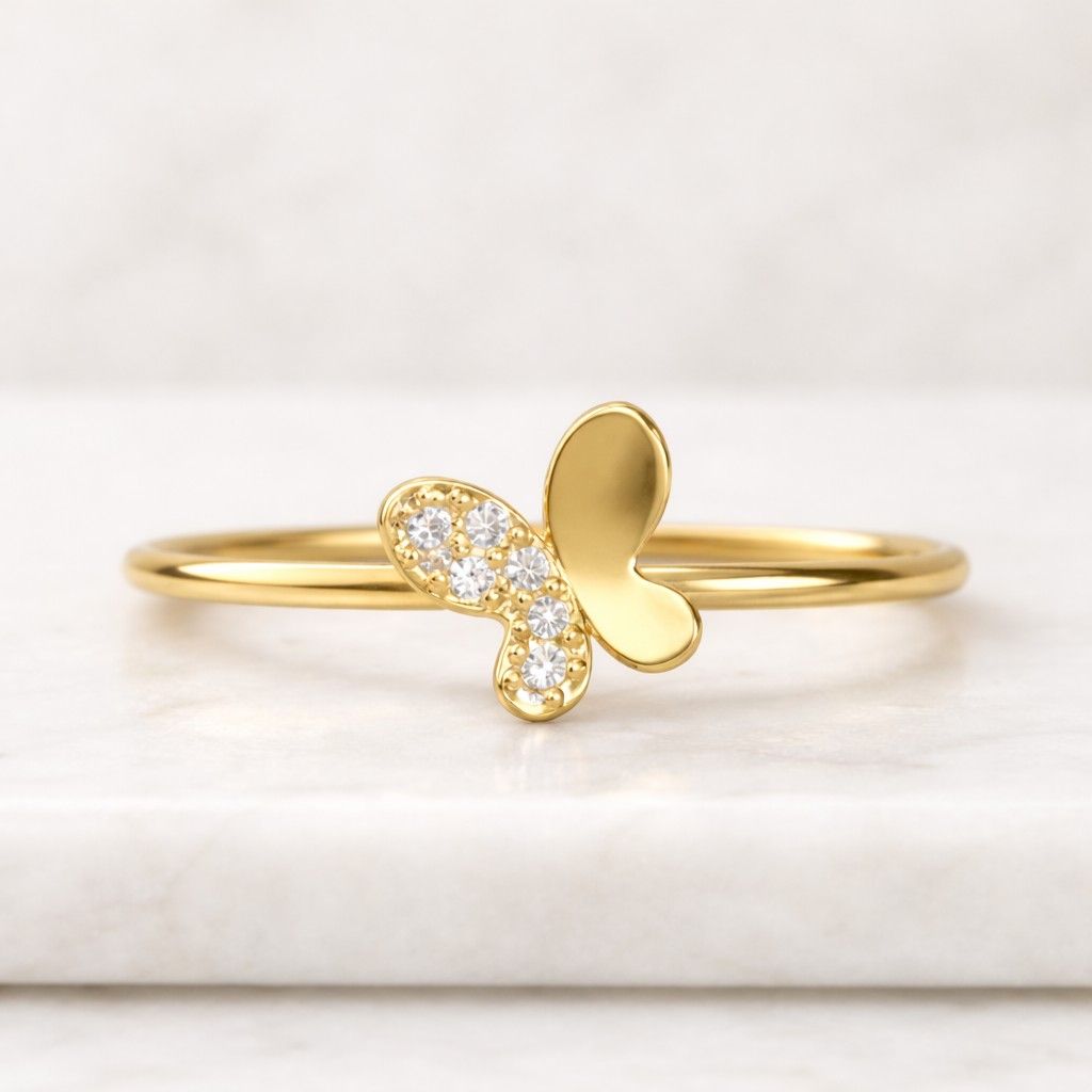 diamond butterfly solid gold ring, real certified diamond animal design band, dainty gold butterfly ring, gift for her
