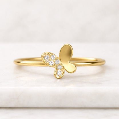 Diamond Butterfly Solid Gold Ring, Real Certified Diamond Animal Design Band, Dainty Gold Butterfly Ring, Gift for Her
