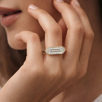 3CT Emerald Cut Moissanite Engagement Ring, Solitaire Wedding Ring, Pave Band, Travel Engagement Ring, Promise Ring, 14K Yellow Gold Ring
