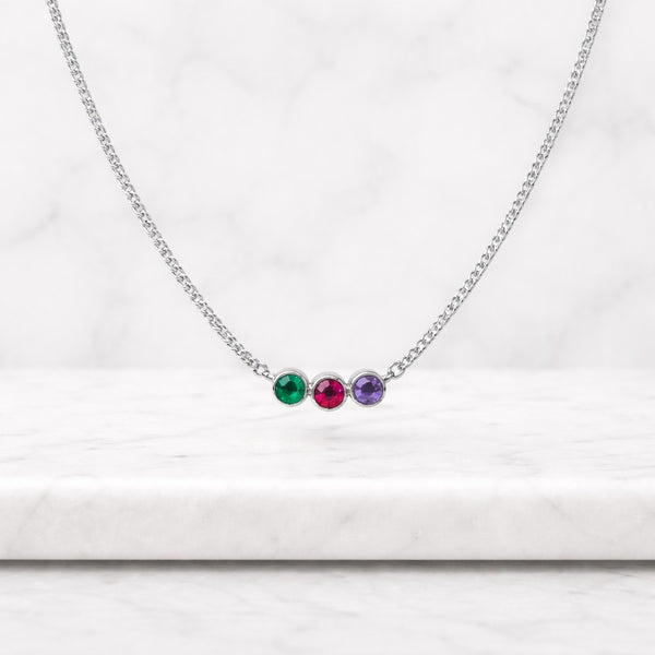 Round Sapphire & Diamond Three Stone Dainty Necklace 14K Solid Gold Pendant