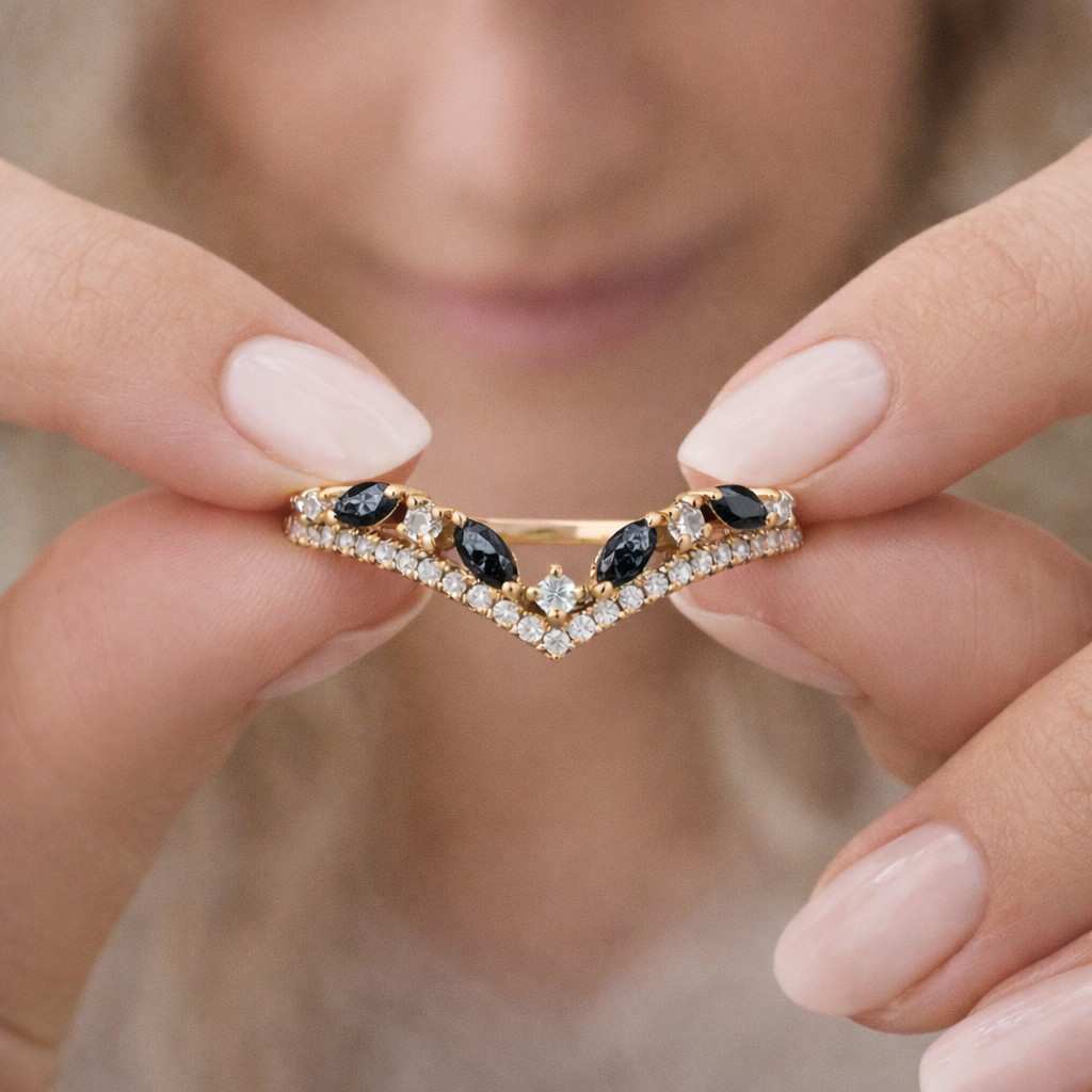 black moissanite ring black diamond ring marquise stone ring chevron band contour wedding band curved wedding ring