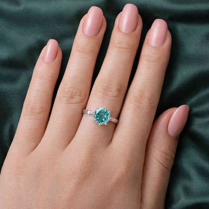 Round Cut Cyan Blue Moissanite Solitaire Engagement Ring, 6 Prongs Set Moissanite Wedding Ring, Anniversary Gift Ring, Handmade Ring for Her
