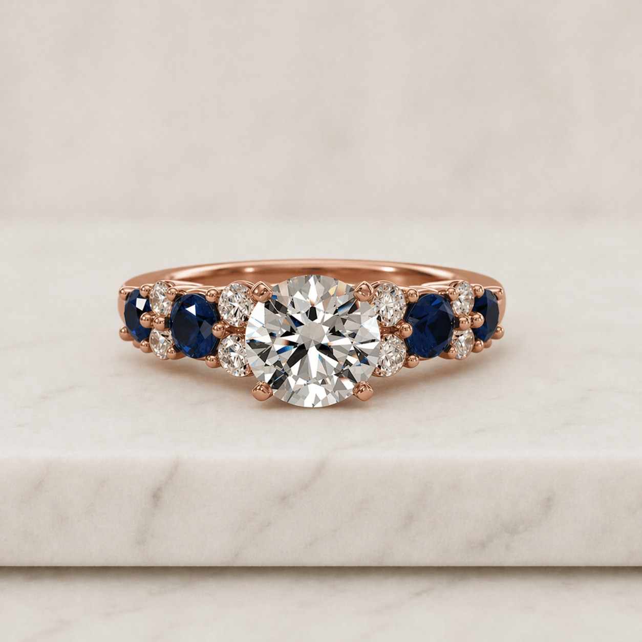 14k gold three stone ring round lab grown diamond & blue sapphire trilogy engagement ring
