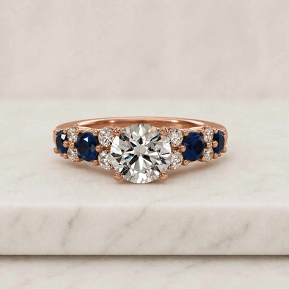 14K Gold Three Stone Ring Round Lab Grown Diamond & Blue Sapphire Trilogy Engagement Ring
