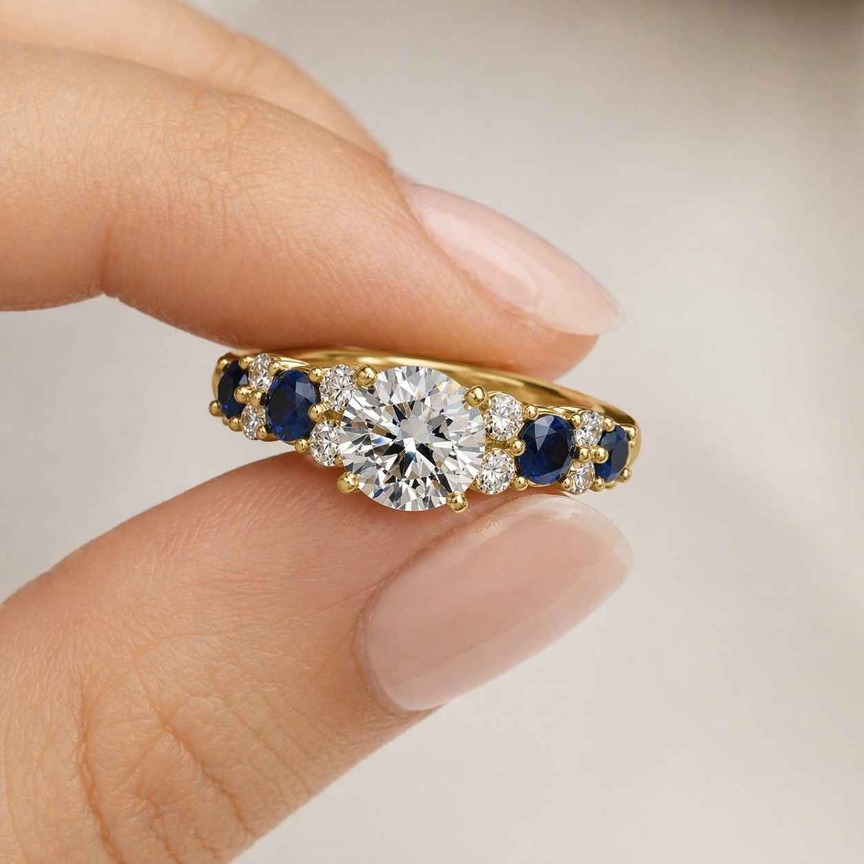 3.50ct round cut moissanite & blue 925 sterling silver minimalist three stone wedding, engagement ring
