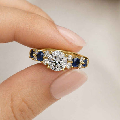 3.50Ct Round Cut Moissanite & Blue 925 Sterling Silver Minimalist Three Stone Wedding, Engagement Ring
