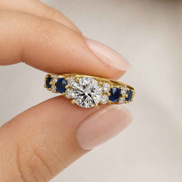 3.50Ct Round Cut Moissanite & Blue 925 Sterling Silver Minimalist Three Stone Wedding, Engagement Ring
