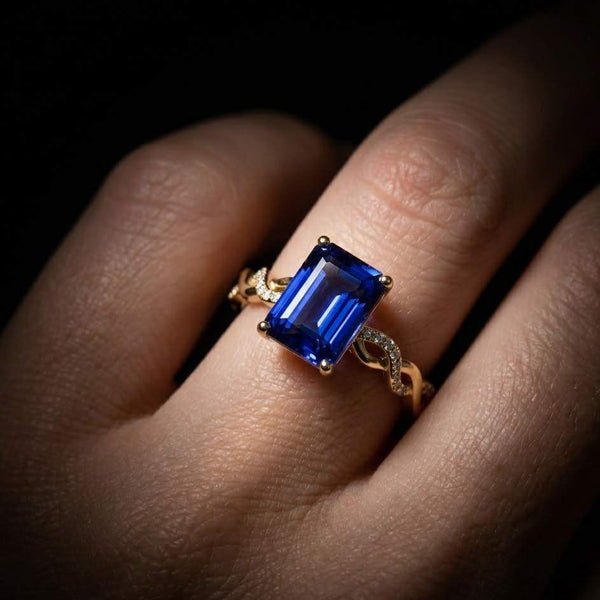Solid Gold Emerald Cut Moissanite Engagement Ring Halo Ring, Paved Band