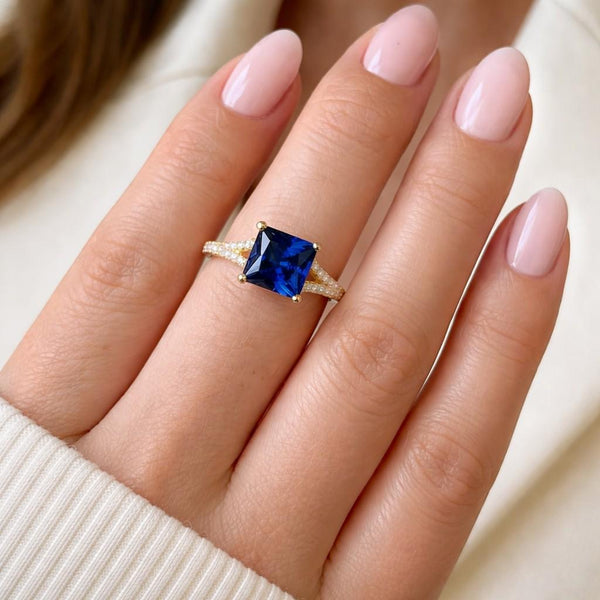 14K Gold Princess Cut Moissanite Wedding Ring Custom Birthstone Engagement Ring Blue Sapphire Halo Promise Ring Split Shank Anniversary Ring