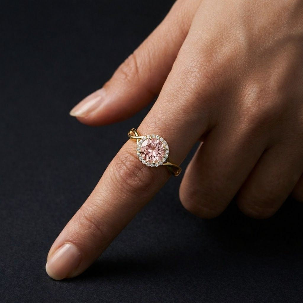 Pink Lab Grown Diamond Halo Engagement Ring, Round Cut Pink Diamond Ring, 14K Solid Gold Promise Ring, Bridal Jewelry Gift for Her