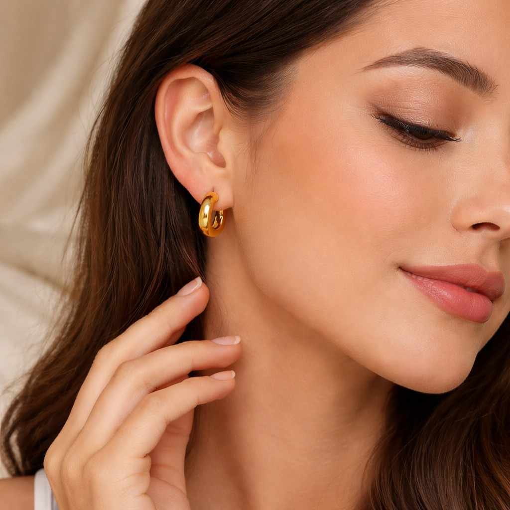 14K Gold Plated Half Dome Hoop Earrings, Chunky Gold Hoops, Minimalist Bold Huggie Earrings, Everyday Elegant Jewelry
