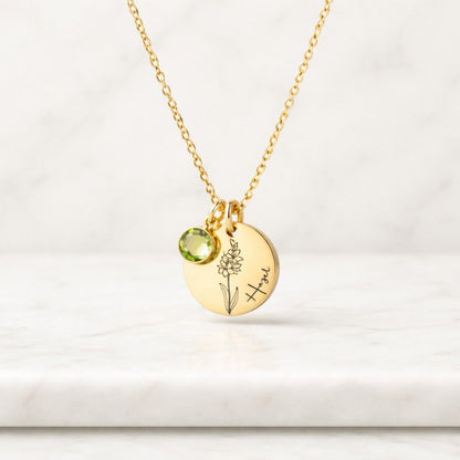 botanical necklace flower charm necklace stamped necklace engraved charm birth month necklace personalized gift custom jewelry floral jewelry