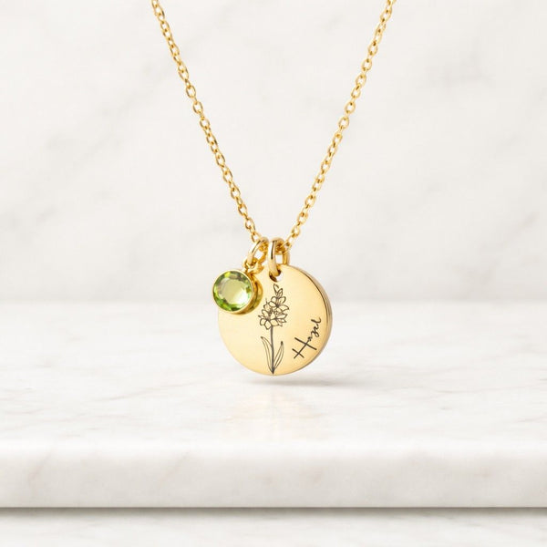 botanical necklace flower charm necklace stamped necklace engraved charm birth month necklace personalized gift custom jewelry floral jewelry