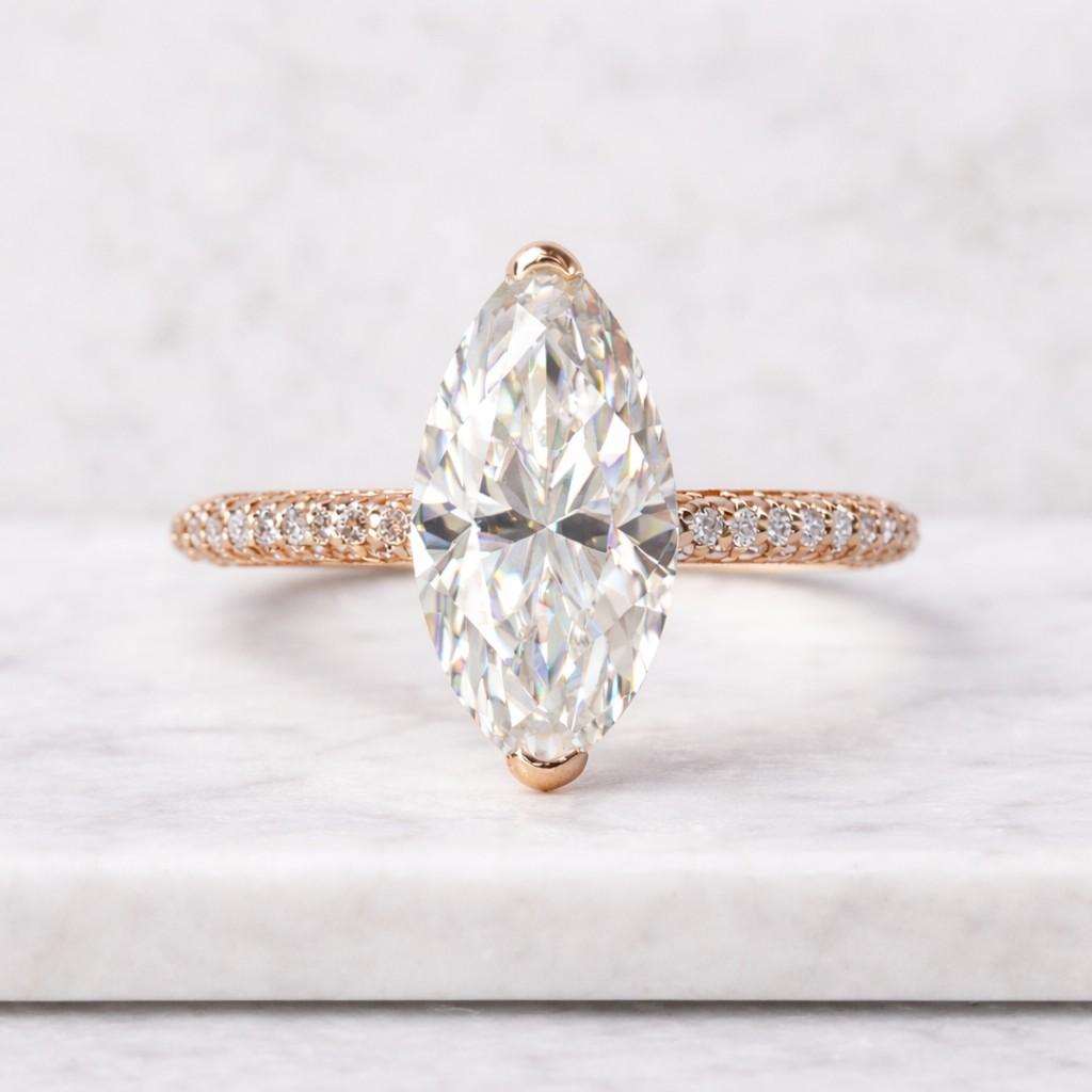 marquise cut engagement ring | hidden halo pavé diamond wedding band, 14kt yellow gold
