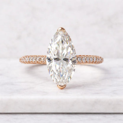 Marquise Cut Engagement Ring | Hidden Halo Pavé Diamond Wedding Band, 14KT Yellow Gold
