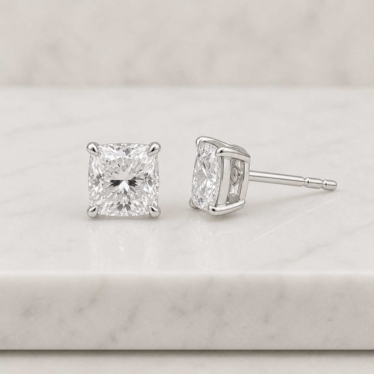 cushion cut lab grown diamond stud earrings, e vvs2 igi certified, 14k gold solitaire
