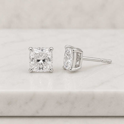 Cushion Cut Lab Grown Diamond Stud Earrings, E VVS2 IGI Certified, 14K Gold Solitaire
