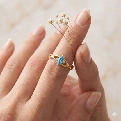 14K Solid Gold Dainty Marquise cut Natural Aquamarine Engagement Ring Unique moissanite anniversary wedding band Blue Aquamarine ring Gift
