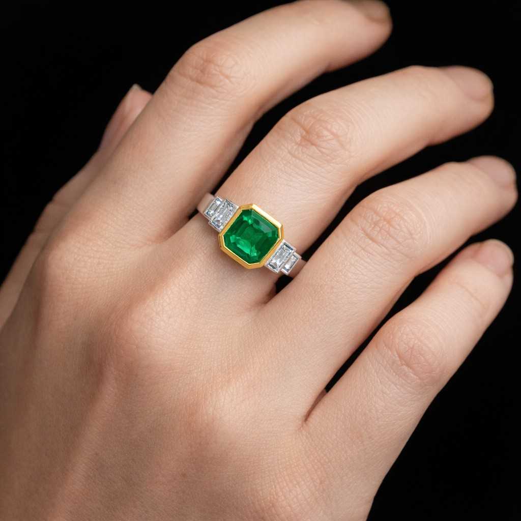 two stone bezel set open bypass shank ring, emerald cut white cz diamond & asscher cut green emerald gemstone ring, yellow gold plated ring