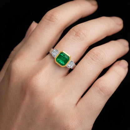 Two Stone Bezel Set Open Bypass Shank Ring, Emerald Cut White CZ Diamond & Asscher Cut Green Emerald Gemstone Ring, Yellow Gold Plated Ring