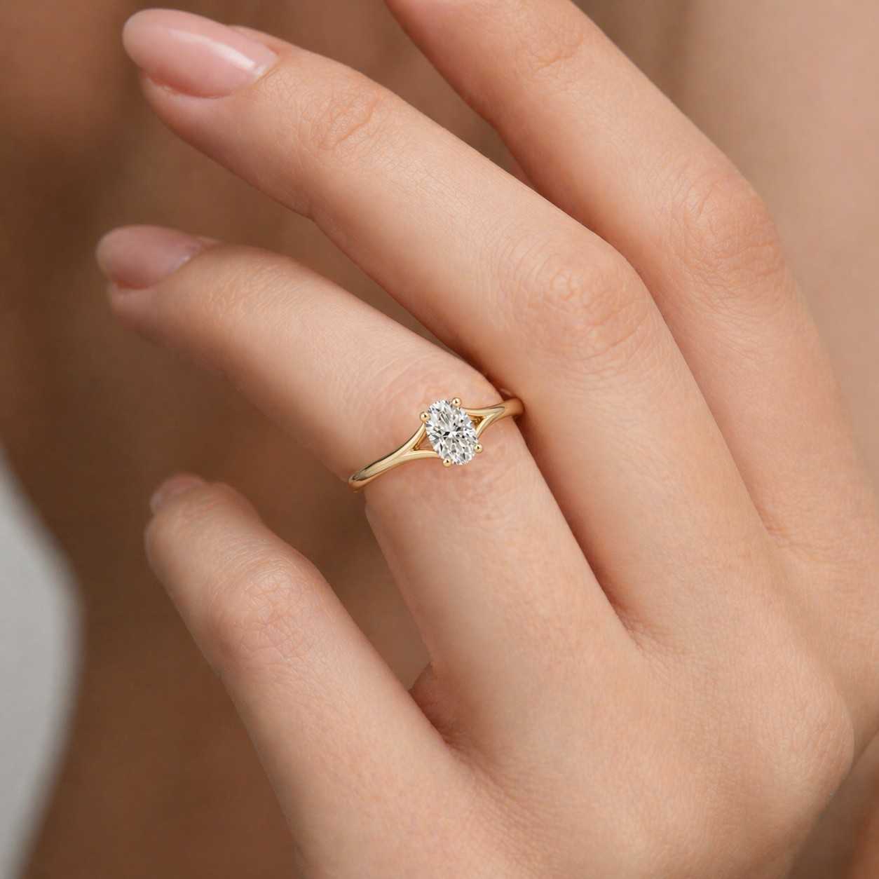 solid gold split shank oval cut moissanite engagement ring, art deco proposal ring