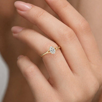 Solid Gold Split Shank Oval Cut Moissanite Engagement Ring, Art Deco Proposal Ring