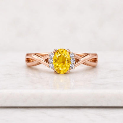 Yellow Sapphire Ring • Diamond Halo, 925 Sterling Silver Engagement Ring
