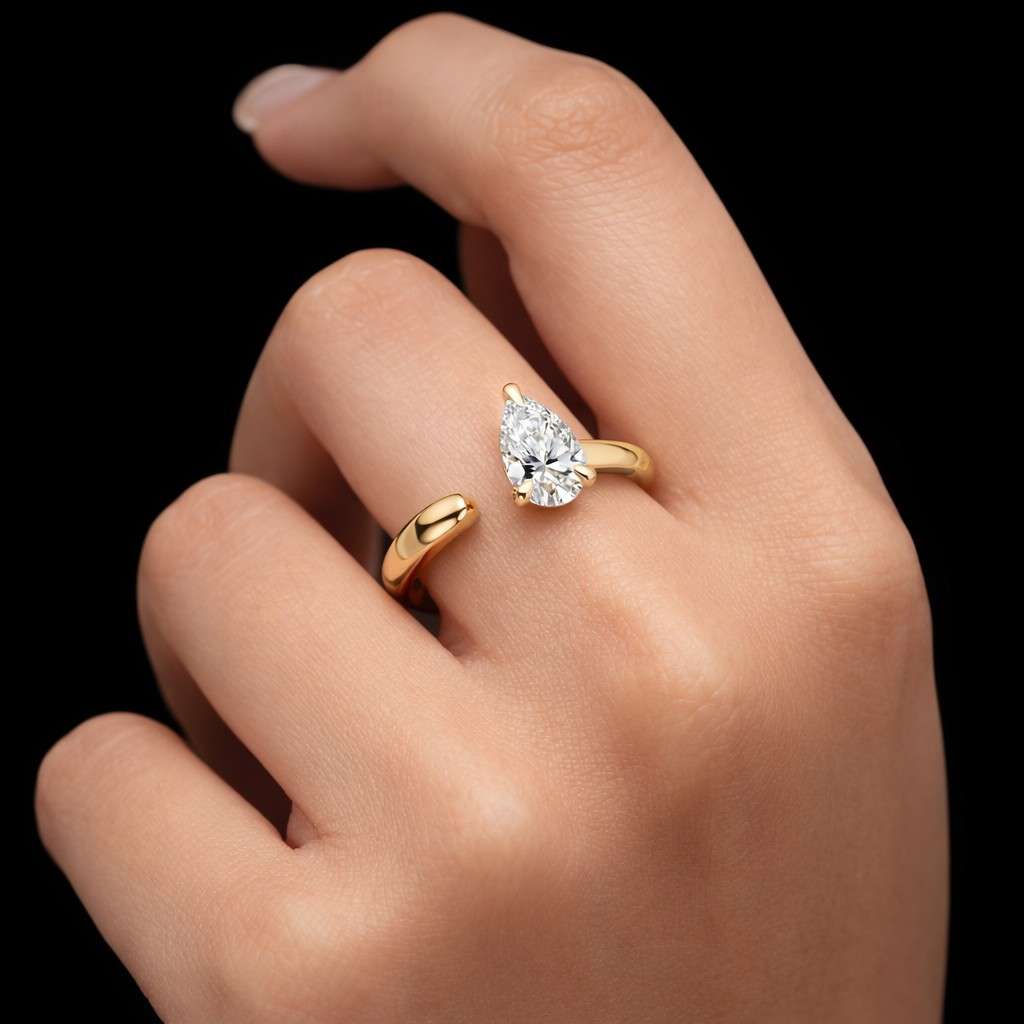 east west pear lab-grown diamond open ring, 14k gold pear engagement ring, pear bezel solitaire ring, wedding ring for anniversary gifts
