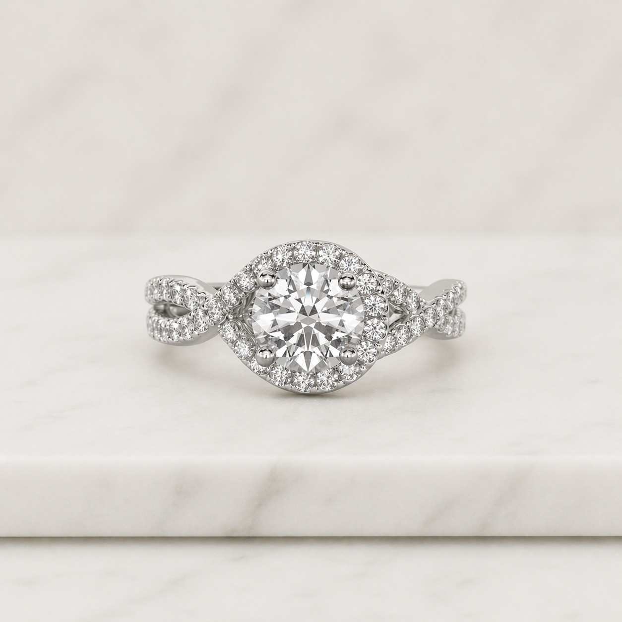 Round Cut Moissanite Engagement Ring, Pave Ring Twisted Band