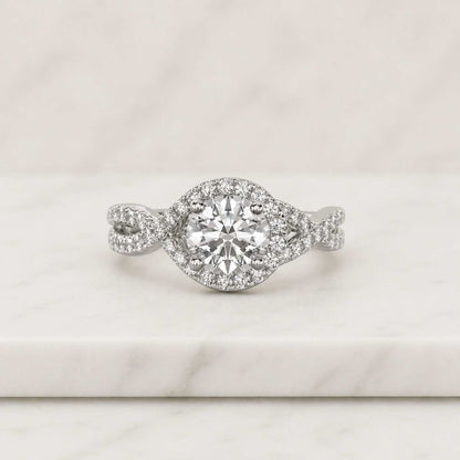 Round Cut Moissanite Engagement Ring, Pave Ring Twisted Band