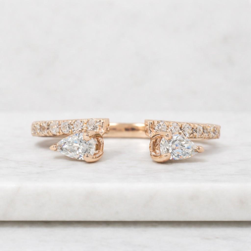 open cuff wedding band, two stone pear cut moissanite diamond engagement ring, 10k gold dainty ring, minimalist anniversary gift for her

