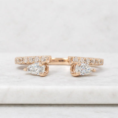 Open Cuff Wedding Band, Two Stone Pear Cut Moissanite Diamond Engagement Ring, 10K Gold Dainty Ring, Minimalist Anniversary Gift For Her
